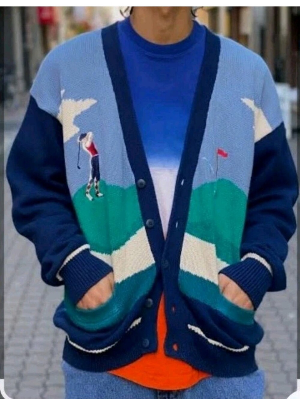 Par Four Golf Cardigan Pullover Buttons Pockets Blue Green White M Men's Vintage